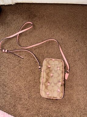 Authentic Coach Signature Crossbody Phone Pouch in Pink and Brown
